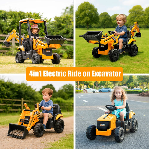 12V Kids Ride on Excavator Digger Toy Cars, JCB Battery Powered Electric Tractor with Remote Control, Ride on Construction Truck W/ Shovel, Loader and Digger for 3-5 Boys Girls, Yellow